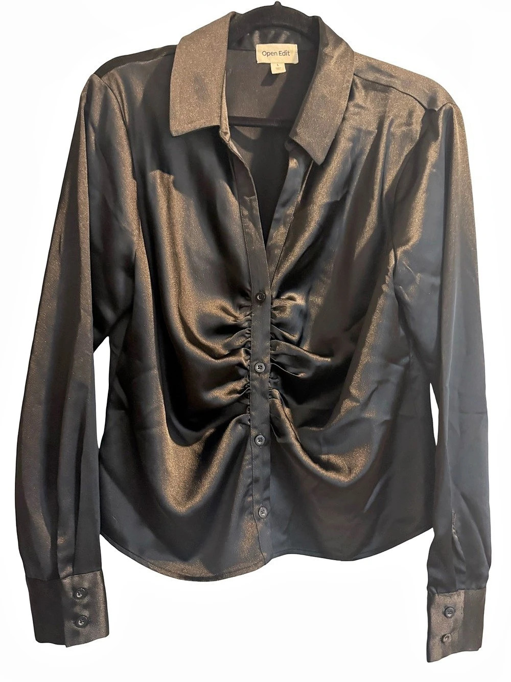 Open Edit Ruched Satin-Look Blouse in Black Size Large Like New